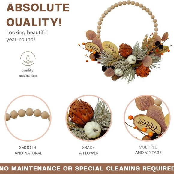 16" Artificial Fall Wooden Beads Wreath with Leaves, Chrysanthemums & Mini Pumpk - Picture 4 of 7